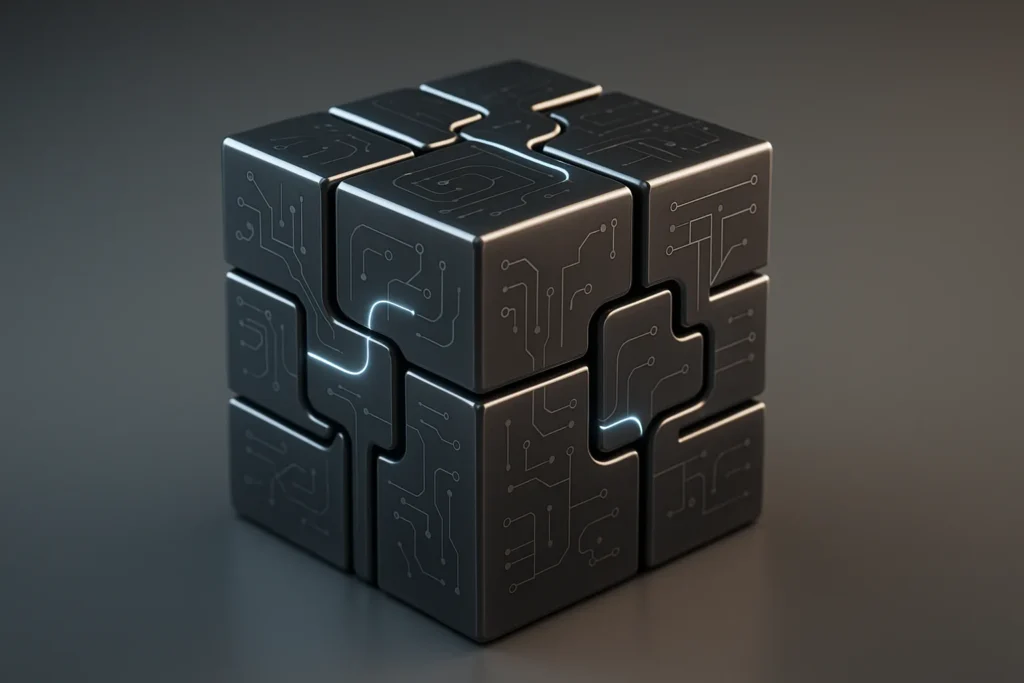 a polished metallic puzzle cube composed of interlocking modules symbolizing models, data pipelines, UI, integration, documentation and SLAs, each mod...