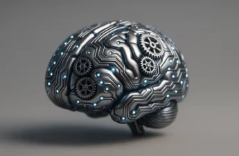 A single detailed hybrid object: a polished metallic brain formed from interconnected circuit traces, miniature gears, and neural network nodes, glowi...