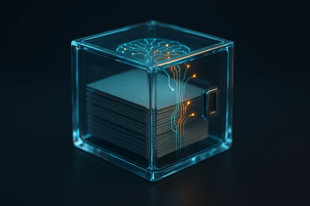 A single futuristic knowledge cube floats on a dark gradient background: translucent glass cube enclosing stacked pages and glowing neural circuitry,...