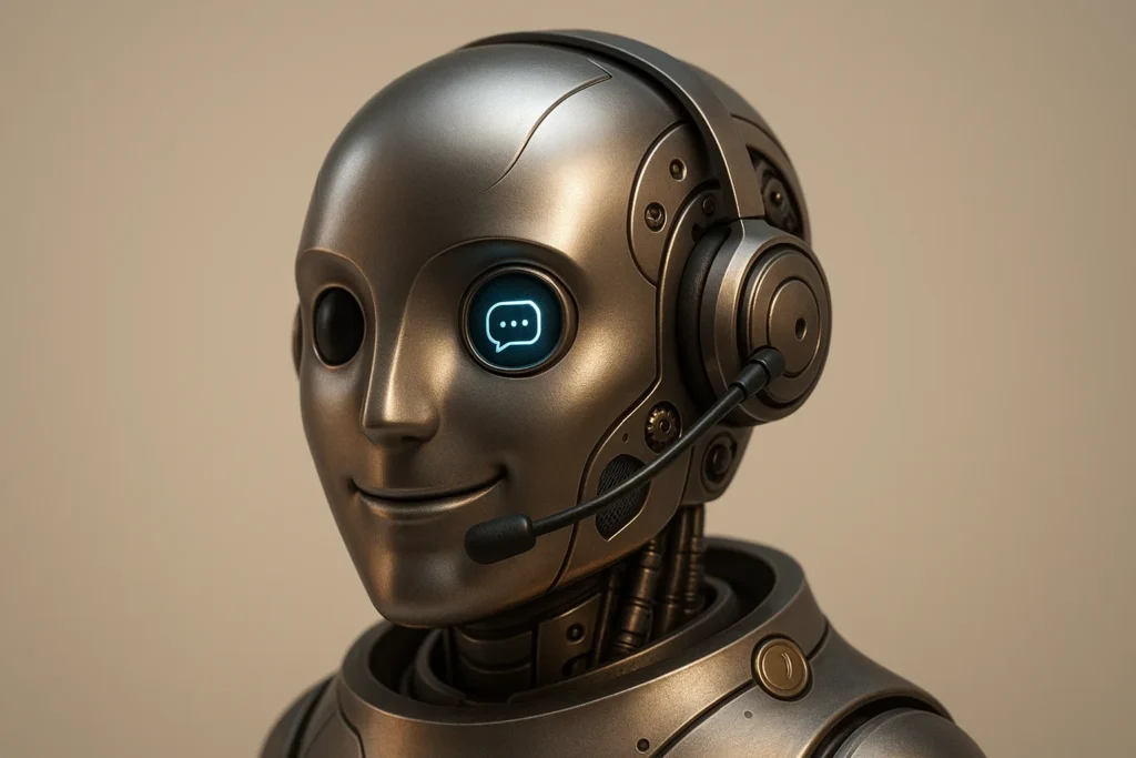 A single sleek, friendly customer support robot head as the sole object: polished metallic surface, headset and subtle LED 'chat' motif in the eye, in...