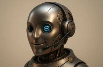 A single sleek, friendly customer support robot head as the sole object: polished metallic surface, headset and subtle LED 'chat' motif in the eye, in...