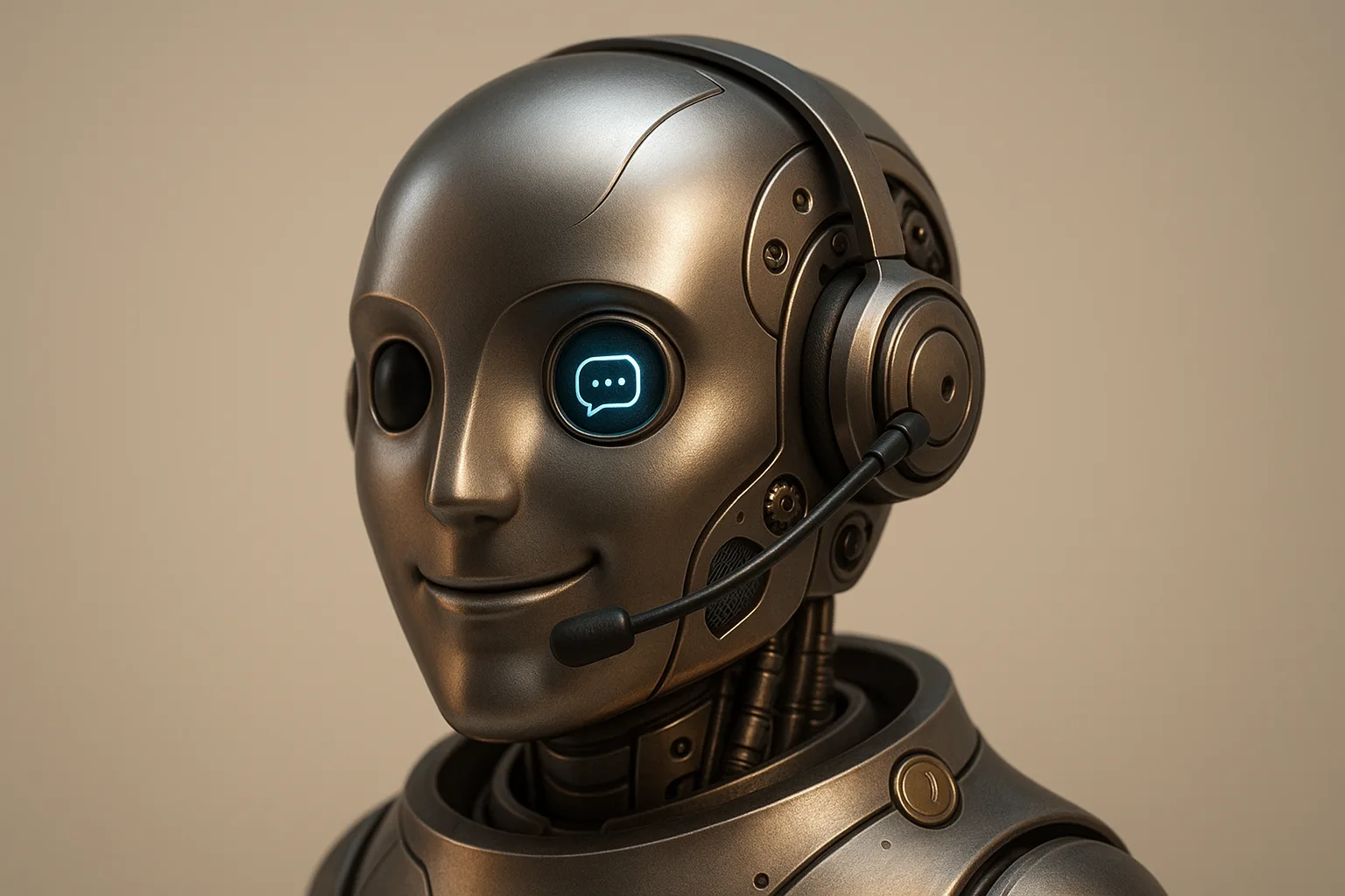 A single sleek, friendly customer support robot head as the sole object: polished metallic surface, headset and subtle LED 'chat' motif in the eye, in...