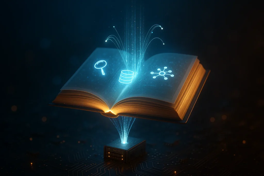 A single symbolic object: an open glowing book hovering above a dark circuit board, its pages transforming into luminous data streams linked by fiber-...