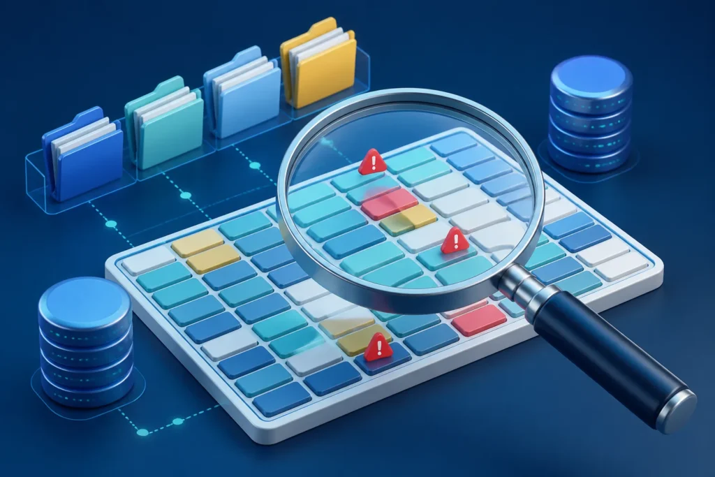 A sleek magnifying glass hovering over a pristine digital data table, with colorful structured data blocks, labeled folders, database icons, and a few...