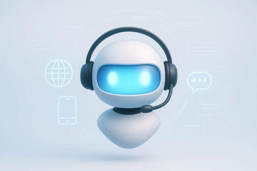 A sleek, single customer support bot object: a modern headset-shaped robot head with a soft glowing visor, emitting subtle translucent holographic ico...